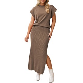 Pink Queen Women 2 Piece Skirt Set Casual Short Sleeve Knit Sweater Vest Top Pencil Midi Dress Vacation Outfits Khaki L