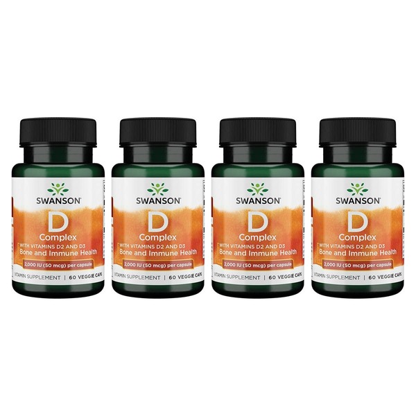 Swanson Vitamin D Complex with Vitamins D2 & D3 - Complete Sunshine Vitamin Complex for Bone, Dental & Immune Health - Vitamin Supplement ( 50 mcg, 60 Veggie Capsules ) 4 Pack