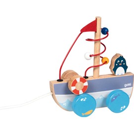 goki 54849 - Ziehschiff AHOI mit Motorikschleife aus Holz, Nachzieh-Spielzeug mit Bootmotiv, Lernspielzeug inkl. Schnur, Babyspielzeug fördert Koordination und Motorik, 17cm x 7cm x 19cm, ab 1 Jahr