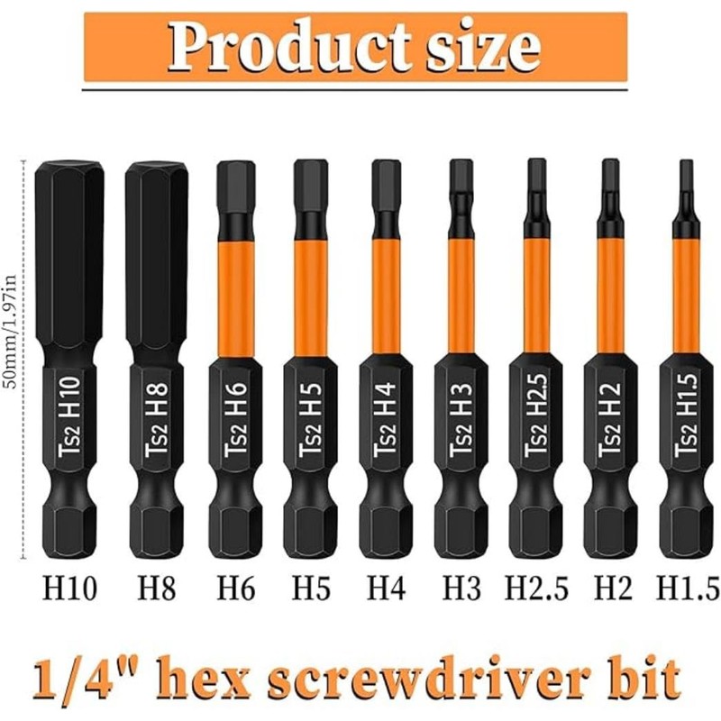 Hex Screwdriver Long Bits Set, H1.5-H10 50mm Metric Inner Impact