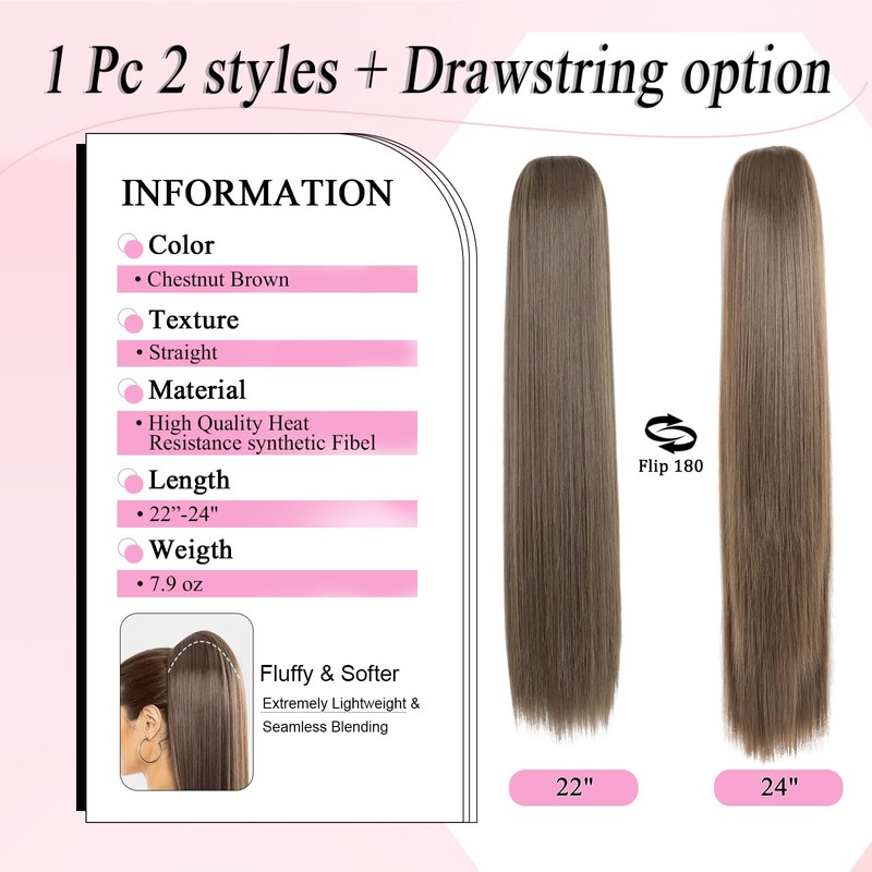 Luxehair Ponytail Extension, 24" Long Straight Claw Clip Ponytail Extension