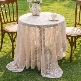 Cream Beige French Lace Ruffle Tablecloth 60 x 60 Inch with Ruffled Edge, Fits Round and Square Tables, High Density Floral Jacquard Table Cover for Farmhouse Dining, Tea Party and Neutral Home Decor