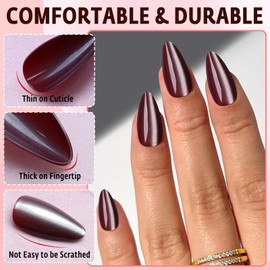 Bellelfin 120Pcs Burgundy Press on Nails Almond Medium Length, Full Cover Cat Eye Press on Fake Nails Glossy Acrylic Almond Shape Glue Nails for Women Girls