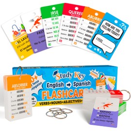 Study Key 500+ English-Spanish Flash Cards for Adults & Kids Ages 15+ – Covering Verb Conjugation, Nouns, Adjectives & Phrases to Learn Spanish for Adult Beginners