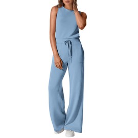 PRETTYGARDEN Womens Jumpsuits Summer Casual One Piece Outfits Sleeveless Wide Leg Long Pants Rompers (Light Blue,Medium)