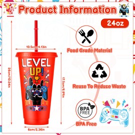 XLSXEXCL 12 Pcs Gamer Party Cups with Lids and Straws Video Game Tumbler 24 oz Plastic Drinking Cups for Gaming Party Favors
