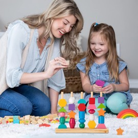 Jesustree Wooden Sorting and Stacking Toy, 2-in-1 Montessori Threading Game, Sorting Game with Cards, Wooden Beads, Motor Skills Toy for Children from 3 4 5 Years, Shape Matching Puzzle Stacker