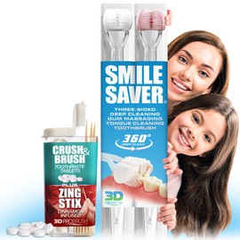 SMILE SAVER 360° Deep Clean 3-Sided Toothbrush 2PK + Toothpaste Tablets + Zing Stix Cinnamon Infused Toothpicks | Gum Massage & Tongue Cleaner | Kids Special Needs Adults Children Braces Travel | USA