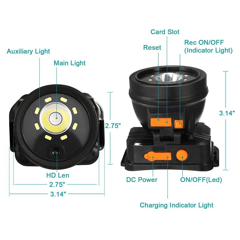 Headlamp Camera 1080P Adjustable IPX4 Waterproof Rechargeable Hands Free Head