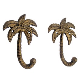 Palm Tree Cast Iron Wall Hooks, Wall Mounted for Hanging Coats, Purses, Towels, Hats, Beach Themed Wall Décor, Set of 2, 6.5 Inches High (Gold Toned)