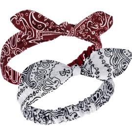 Hicarer 2 Pcs Bandana Headband for Women, Knot Retro Paisley Print Bandana 4th of July Patriotic Headband Adjustable Headwrap(Deep Red, White)