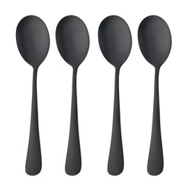 BISDARUN Dinner Spoons, Curry Spoon, 4 Pieces, Stainless Steel, Frosted, Easy to Scoop Shape, Everyday Use, Dishwasher Safe, Black