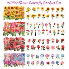 JUNEBRUSHS 412pcs Clear Flower Butterfly Stickers Set, Transparent Pressed Floral Botanical Aesthetic Stickers for Scrapbook Supplies Water Bottles Laptops Card Bullet Journal Arts Craft Collage