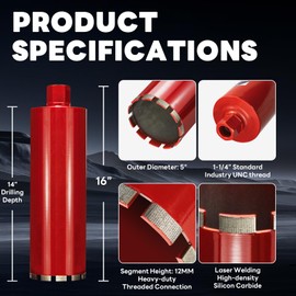 DaduoRi Premium 5" Wet Core Drill Bit for Hard Concrete with High-Density Diamond, Precision-Welded Segments, 1-1/4"-7 UNC x 14" Depth, Industrial Grade for Concrete Rebar, Brick, Masonry, Asphalt
