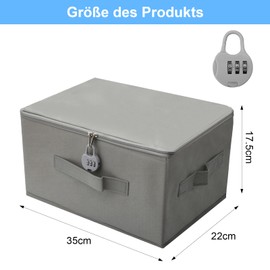 APOMOONS Lockable Box Boxes Storage Box with Lid Fabric Cardboard with Lid Box with Combination Lock Medication Storage Lockable Box for Clothes Toys Grey 35 x 22 x 17.5 cm