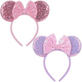 Sotaila 2 Pack Pink Purple Mouse Ears Headbands for Women Girls, Sequin Bow Headband for Cosplay Costume Birthday Party Decorations Hair Accessories