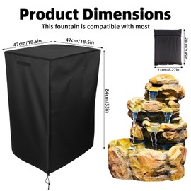 Sinbana Outdoor Fountain Cover, 33x18.5x18.5in Heavy Duty Waterproof Winter Garden Statue Protective Cover with Zipper & Drawstring for Cascading Bowls & Stacked Stone Fountains(Black)