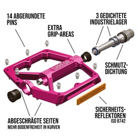SHREDR. Shine Pedals for MTB | High Quality Flat Pedals for Mountain Bike | With Reflectors (StVZO Compliant) (Pink, XL)