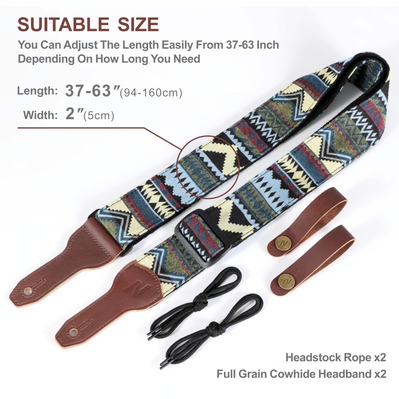 Nefelibata Banjo Strap 2" Wide Full Grain Leather Jacquard Embroidered