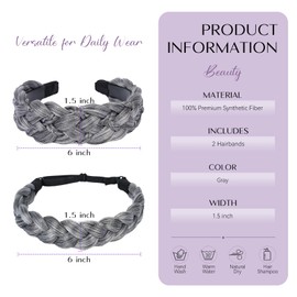 XRACEPHOL 2Pcs Braided Headbands Synthetic Headbands Handmade Fashion Braid Headband Elastic Stretch Headband with Teeth Hair Piece for Women（Gray）