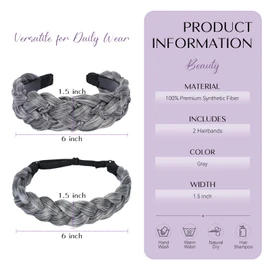 XRACEPHOL 2Pcs Braided Headbands Synthetic Headbands Handmade Fashion Braid Headband Elastic Stretch Headband with Teeth Hair Piece for Women（Gray）