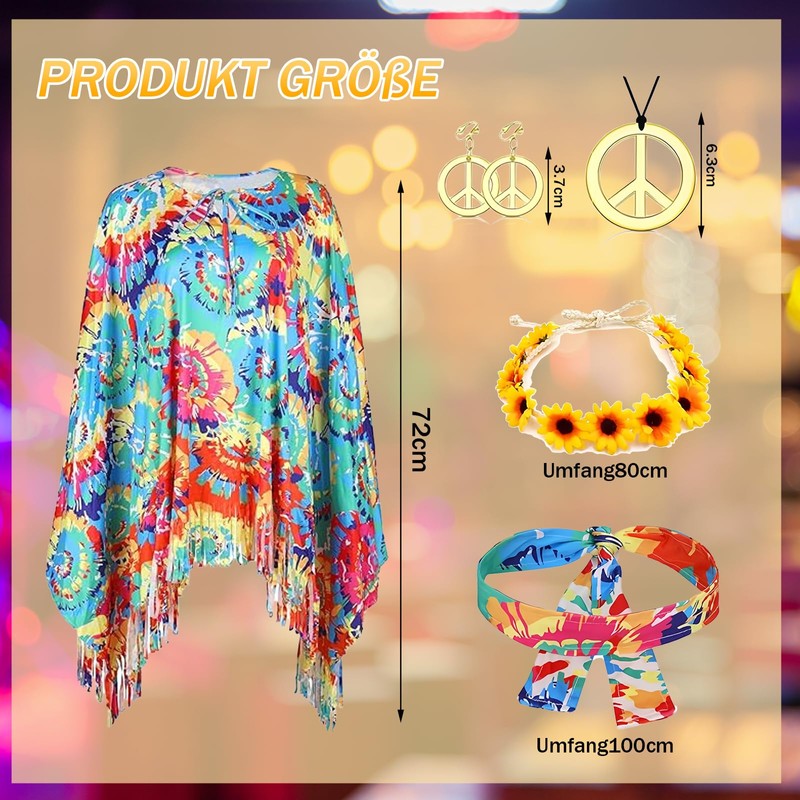 NUUOTP Hippie Costume Women's Set with Poncho, Headbands, Accessories for