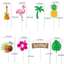 Morofme - 24 piezas de decoración tropical para cupcakes, diseño hawaiano, luau aloha, decoración de tartas, diseño de flamenco, piña, hojas de palma, flores de hibisco, decoración de pasteles para