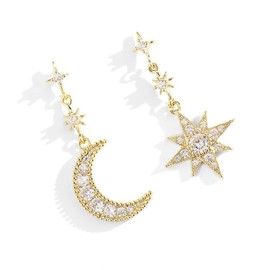 FEIFEI'S BOW Women Star Moon Fashion Jewellery Gold Silver Plated Bling Stud Earrings with Crystal Allergy Free (Gold)