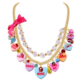 GLBCC Heart Layered Necklace LOVE XOXO Hearts Dangle Earrings Pearl Pom Pom Hearts Layer Choker Necklace Valentines Day Heart Jewelry Set for Women (layer Heart necklace A style)