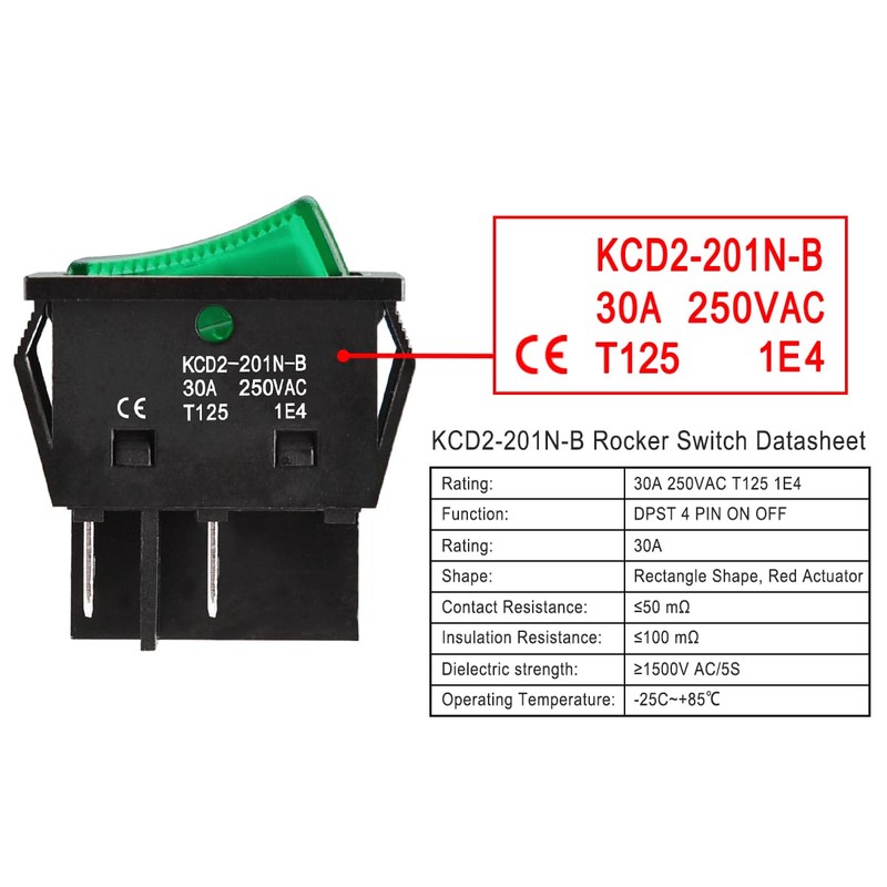 Heschen High Current Rocker Switch, 30A 250VAC, ON-OFF 2 Position,