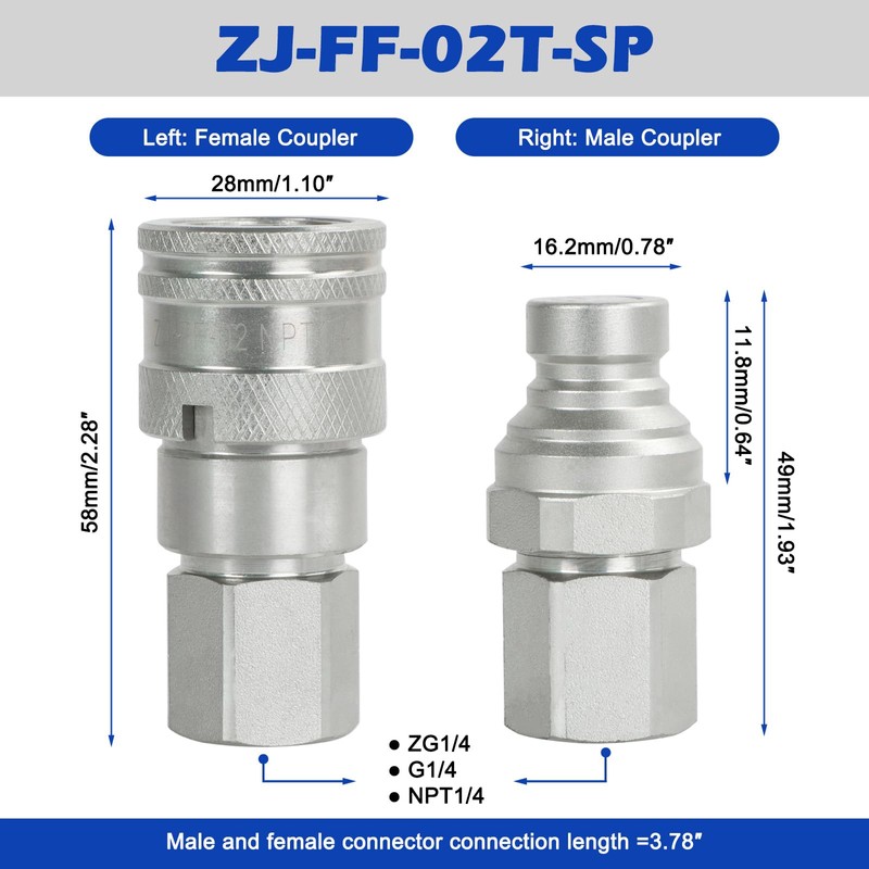 SINOCMP 1/4" Body & 1/4" NPT Hydraulic Quick Connect Fittings