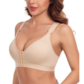HACI Front Closure Non Padded Post Surgical Bra Wirefree Sport Racerback Posture Adjustable Wide Strap Bra(Beige,40B/C)
