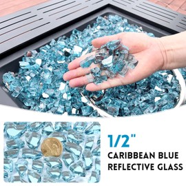 RUOJAS 10 Pounds Fire Glass 1/2 Inch High Reflective Tempered Firepit Glass Rocks for Fireplace, Fire Pit Table, Fire Bowl and Landscaping (Aqua Blue)