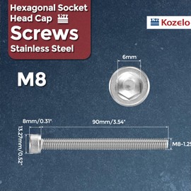 Kozelo 10pcs Socket Head Cap Screws - [M8-1.25 x 90mm] 304 Stainless Steel Allen Socket Drive for Electrical Motor 3D Printing Fan Engine Replacement Use, Silver