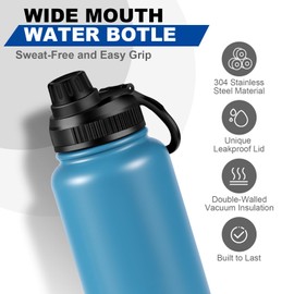 32 oz Insulated Water Bottle, Keep Cold 24H, Leak Proof Stainless Steel Water Bottle with Spout Lid