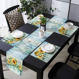 Rustic Sunflower Table Runner and Place Mats Set of 6 – Farmhouse Wooden Texture with Blue Floral Design – Washable Linen Dining Mat Set for Kitchen and Home Décor – 70 Inches Long