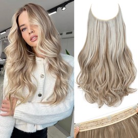 SARLA Invisible Wire Hair Extensions with 3 Clips Long Wavy Curly Synthetic Hairpiece for Women Adjustable Transparent Headband 16 Inch Ivory Blonde
