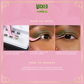 WICKED X imPRESS Press On Self Adhesive Eyelashes, ‘Wizard's Palace’, 12 Lash Clusters, 8mm-10mm, Medium Volume, Yellow Glittery Stars, Pink & Green Mini Applicator