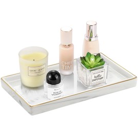 Luxspire Bathroom Vanity Tray, 11" Marble Ceramic Bathroom Trays for Counter, Gold and White Tray for Dresser, Kitchen Counter Tray, Perfume Tray, Bathroom Accessories, Medium, Marble White