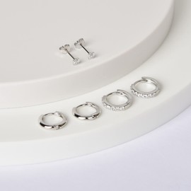 3er Ohrringe Set Für 3 Ohrlöcher Silber 925 Echtsilber - 3mm Zirkonia Ohrstecker - 8mm Huggy Creolen - 9mm Zirkonia Huggie Hoops Ohrringe - 3 Paar Pack Nickelfrei
