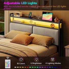 HOOBRO Queen Size Upholstered Headboard, Storage Headboard with Charging Station and Adjustable LED Lights, 2 Standard Outlets and 2 USB Ports, Queen Headboard Only, Easy Assembly, Black and Gray