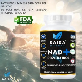 Nad 30 Cápsulas  Resveratrol  Suplemento Alimenticio  Sin gluten Saisa Herbal  Antienvejecimiento Salud celular, Energía Celular  Sabor Neutro        