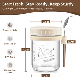 6 Pack Overnight Oats Containers with Lids and Spoons, 16 oz Glass Mason Overnight Oats Jars, Large Capacity Airtight Jars for Milk, Cereal, Fruit(Beige）
