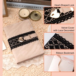 CAGIE Diary with Lock for Girls, Velvet Cover Locked Journal for Women A5 224 Pages, 100 gsm Girls Diary with Heart Shaped Lock and Keys, Lock Journal Gift Ideas for Women Teen Girls - Beige