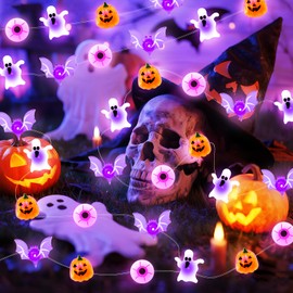 Halloween String Lights, 16 ft 50 LED Pumpkin Bat Eyes Ghost Battery Operated Lights for Lawns Garden Outdoor Holiday Party Halloween Decorations (1 Pack)