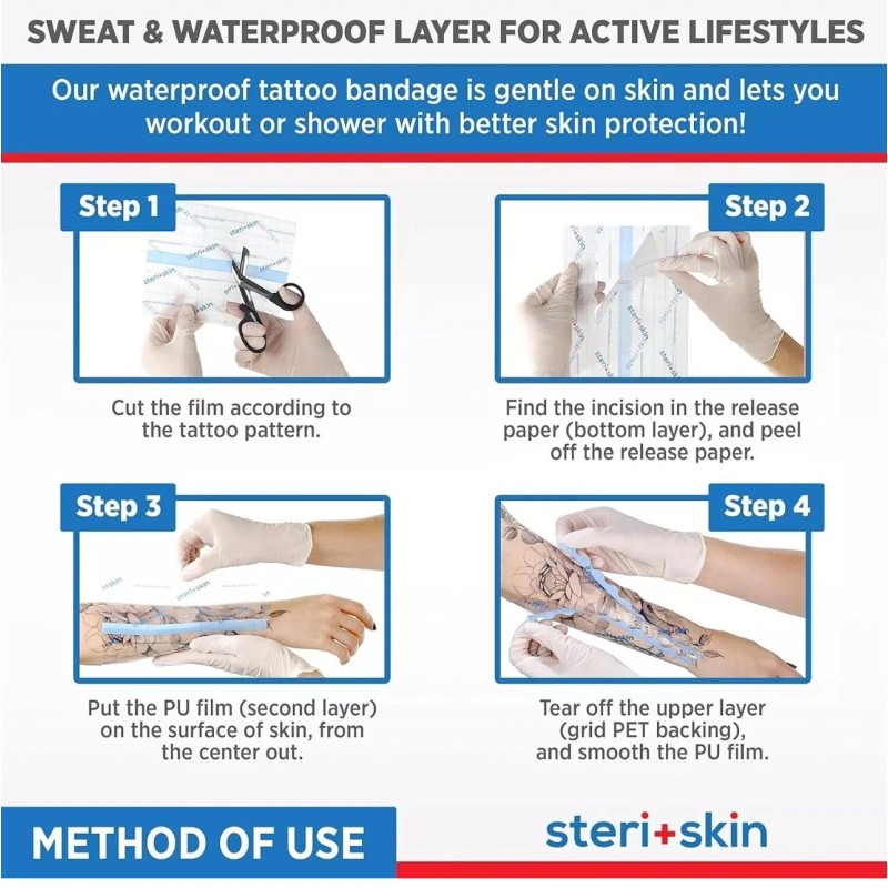 Steri+Skin Tattoo Aftercare Healing Wrap - 10 Pack 6x8 Transparent