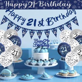 21st Birthday Decorations Men, Blue and Silver Happy Birthday Banner, Navy Blue and Sliver 21st Birthday Balloons, Confetti Balloons 21st Party Decorations for Men Party Supplies