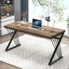 FOLUBAN Modern Home Office Desk, Wood and Metal Computer Desk, Industrial Study Writing Work Table for Bedroom Living Room, Oak, 60 Inch