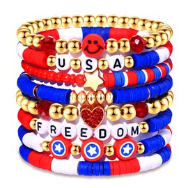 NVENF 4th of July Bracelets for Women American Flag Patriotic Stretch Bracelets White Blue Red Heishi Clay Beaded Stretch Bracelets 4th of July Accessories (8PCS Flag Color)