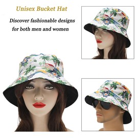ZLYC Unisex Cute Print Bucket Hat Summer Fisherman Cap(Tropical Village White),One Size
